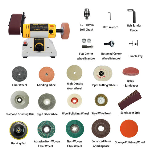750W Jewelry Bench Polisher And Buffer Machine With Drill Chuck and accessories including wheels and sandpaper for metal, wood, jade crafting.