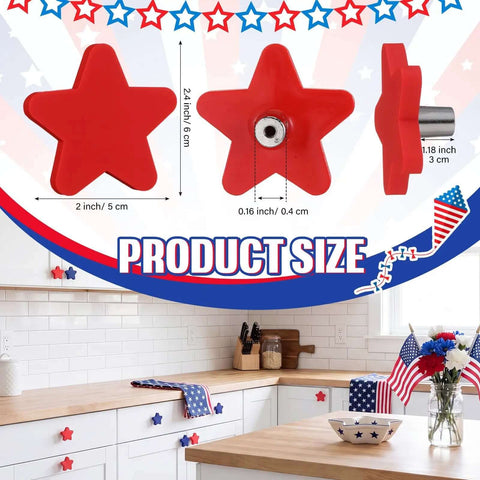 Patriotic Star Cabinet Knob Set 12 Piece Red silicone drawer knobs displayed in kitchen setting, detailed dimensions shown.