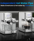 Pro Grade 20 Bar Espresso Machine With Automatic Milk Frother And Precision Temperature Control For Low Stress Home Brewing And Straight Fire Barista Coffee Sips Daily displaying hot water function and espresso brewing.