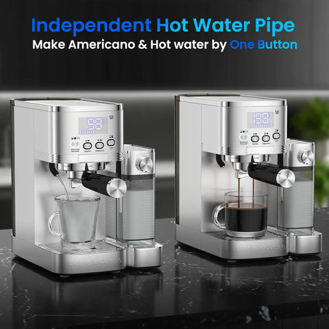 Pro Grade 20 Bar Espresso Machine With Automatic Milk Frother And Precision Temperature Control For Low Stress Home Brewing And Straight Fire Barista Coffee Sips Daily displaying hot water function and espresso brewing.