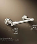 Purist Pivoting Toilet Paper Holder in Vibrant Polished Nickel, showing dimensions and installation details against a dark background.