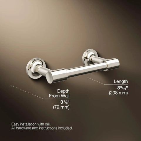 Purist Pivoting Toilet Paper Holder in Vibrant Polished Nickel, showing dimensions and installation details against a dark background.