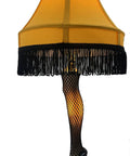 Leg Lamp 20 Inch From A Christmas Story Officially Licensed Replica with black fringe shade and fishnet stocking base.