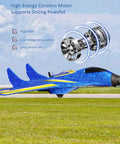 Ready To Fly 2 Channel RC Airplane with Gyro for Kids and Adults on grass with coreless motor graphics in blue