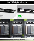 Matte Black 3 Light Bathroom Vanity Fixture With 24W LED Dimmable Over Mirror Lighting, 350 Degree Adjustable Lamp Heads, Cold White 6000K, ETL Listed, 22 Inch, shown on and off with brightness levels.