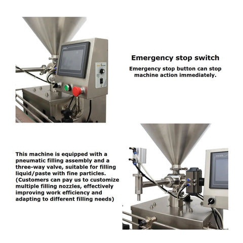 Rugged Automatic Servo Liquid And Paste Filling Machine Slick Stainless Steel Frame with emergency stop switch and pneumatic filling assembly.
