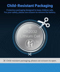 Child-resistant packaging for Heavy Duty CR2032 3V Coin Cell Batteries 20 Pack ensures safety and easy access with scissors.
