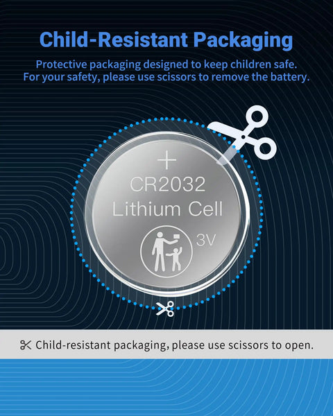 Child-resistant packaging for Heavy Duty CR2032 3V Coin Cell Batteries 20 Pack ensures safety and easy access with scissors.