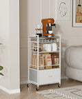 Modern White Coffee Bar Cabinet On Wheels With Ample Storage And Drawer 5 Tier Coffee Station Cart in a living room