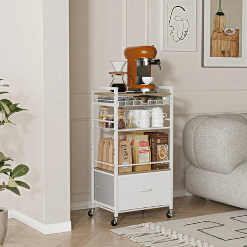 Modern White Coffee Bar Cabinet On Wheels With Ample Storage And Drawer 5 Tier Coffee Station Cart in a living room