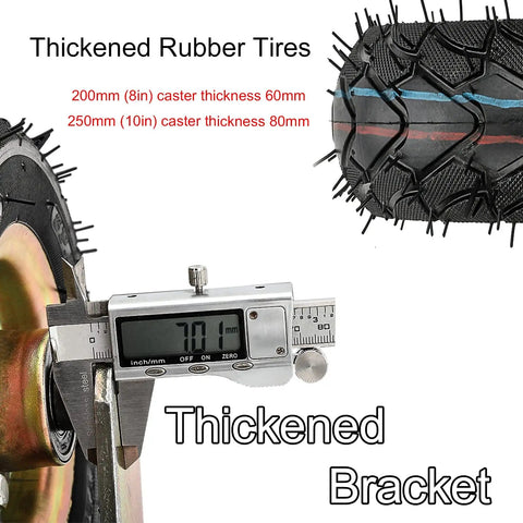 Heavy Duty Rubber Casters 2 Pack 8 Inch Swivel And Fixed Industrial Wheels With Mounting Screws Built Tough, showing thickened rubber tire measurements.
