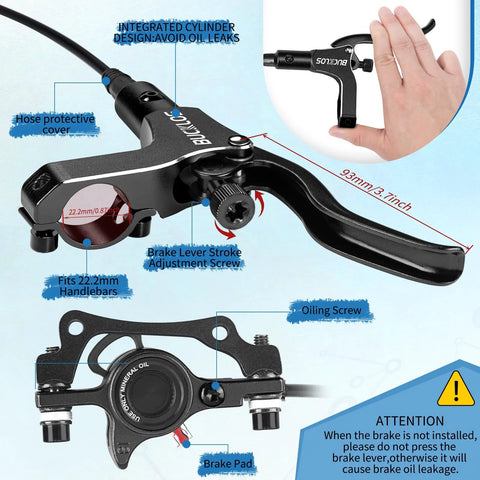 Bucklos MTB hydraulic disc brake set with aluminum levers for mountain bike; left-front 800mm hose, right-rear 1500mm hose