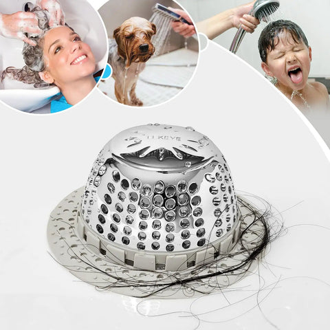 Universal Shower Drain Cover With Slim Hair Catcher And Raised Dome to snag strands and soap chips, light gray, with visible hair caught.