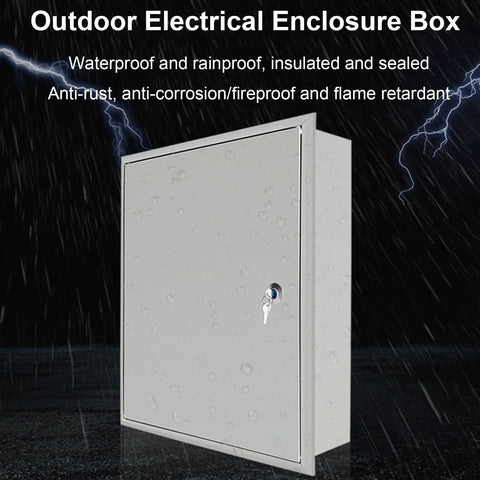 Weatherproof Outdoor Electrical Box Enclosure With Recessed In Wall Outlet And Cable Management Lockable Hidden Wiring Cabinet For Home And Commercial Use Durable Galvanized Steel Junction Box 60x15x80 cm, front view with lock
