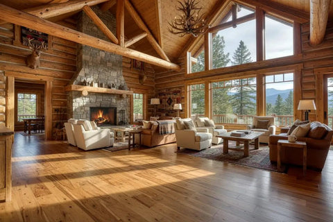 Spacious cabin living room showcasing Premium Oil Based Penetrating Interior Wood Stain With Low Voc Levels for natural wood finish.