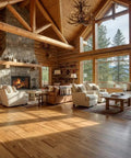 Cozy log cabin living room with hardwood flooring, featuring natural light and a stone fireplace, showcasing Straight Talk Clear Natural Oil Based Interior Wood Stain With Low Voc Blend.