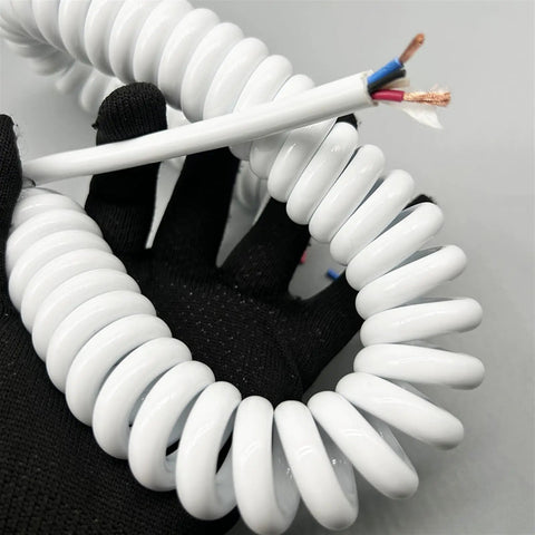 Heavy Duty Coiled Power Cord 15 AWG Pure Copper Spiral Spring Extension Cable showing flexible coiled design in hand.