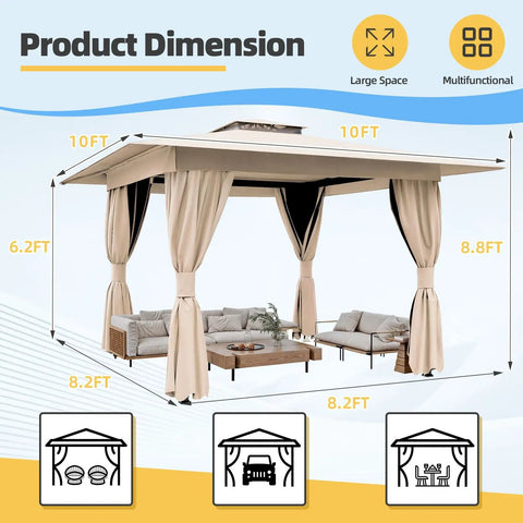 Khaki 10x10 Outdoor Gazebo With Double Roof Setup Friendly, Heavy Duty Party Tent, Patio Canopy With Curtains And Netting