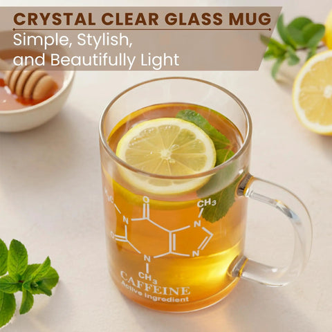 Caffeine Molecule Beaker Mug With Handle, Clear Glass Measuring Cup Coffee Cup filled with lemon tea and mint leaves