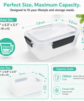 Five Cup Plastic Food Storage Containers With Lids Nestable For Freezer And Dishwasher Safe Rectangular Meal Prep Box Set 5 Pack BPA Free Thick Plastic Ideal For Quick Meal Prep with capacity diagram.