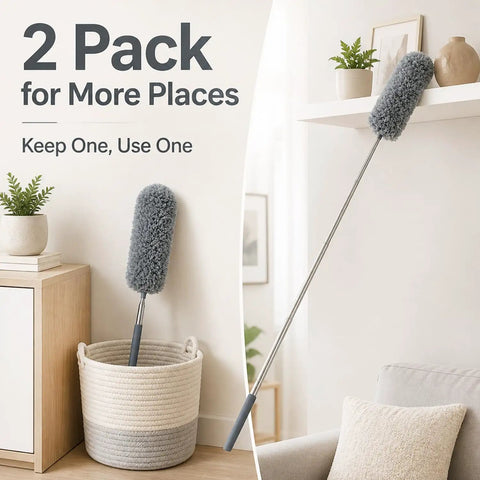 All In One 2 Pack Microfiber Feather Duster Set With Extendable Pole displayed in a basket and on a shelf in a living room