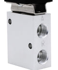 Close-up view of the Red Latching Mushroom Style Push Button One Quarter Inch NPT Pneumatic Control Valve 3 Way 2 Position Emergency Actuator