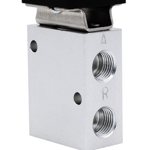 Close-up view of the Red Latching Mushroom Style Push Button One Quarter Inch NPT Pneumatic Control Valve 3 Way 2 Position Emergency Actuator