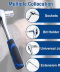 Go-To 87-Piece 1/4-Inch Drive Socket Wrench Set with multiple attachments shown, including sockets, bit holder, and extension rod.