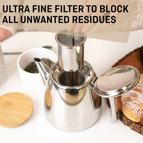 Top Tier Stainless Steel Teapot With Integrated Fine Mesh Infuser And Double Wall Construction That Stays Piping Hot One Liter Capacity kitchen use with ultra fine filter for smooth brewing.