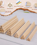 The Real Deal Unfinished Maple Dowel Rods 100 Piece Value Bundle with various rod sizes displayed on a light background.