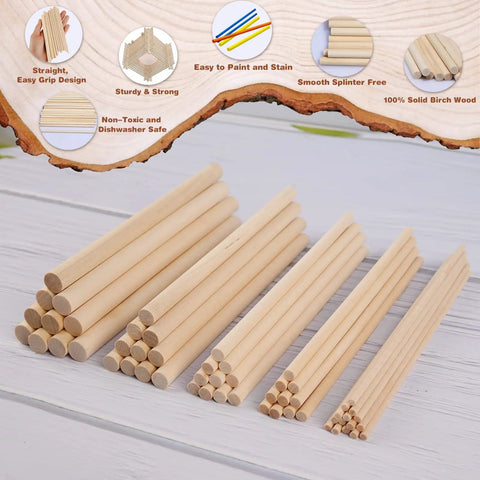 The Real Deal Unfinished Maple Dowel Rods 100 Piece Value Bundle with various rod sizes displayed on a light background.