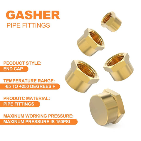Brass NPT Pipe Cap Set One Eighth Through Three Quarters Inch Female Thread Socket End Caps Plugs Fittings Ten Pieces