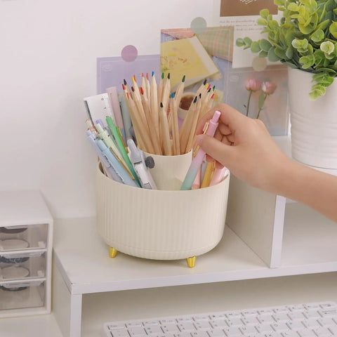 360 Degree Rotating Desk Pen Organizer With Five Slots Multi Purpose Pencil Cup holding pencils and art supplies on desk