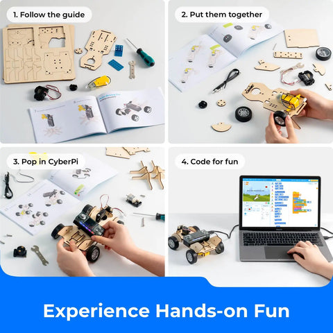 CyberPi Project Based Coding Kit For Kids Ages Eight To Twelve With Hands On STEM Projects Including An Auto Driving Car An Oscillating Fan And A Smart Trash Bin Made To Spark Creative Problem Solving And Real World Tech Skills, assembled car