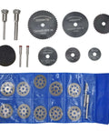 32 Piece Cutting Wheel Set With HSS Circular Saw Blades And Diamond Cutter Wheels Kit with accessories on display