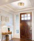 Soft Gold Finish Two Light Flush Mount Ceiling Light With Frosted Glass Shade Minimalist Glam Style in entryway