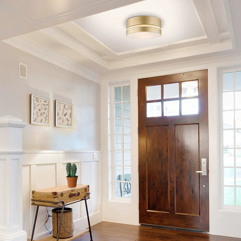 Soft Gold Finish Two Light Flush Mount Ceiling Light With Frosted Glass Shade Minimalist Glam Style in entryway