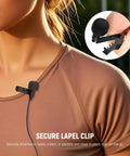 Close-up of Two Pack Mini Lavalier Clip On Microphones on shirt, showing secure lapel clip and cable connection for podcasts and live streams.