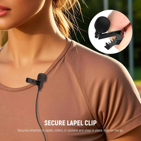 Close-up of Two Pack Mini Lavalier Clip On Microphones on shirt, showing secure lapel clip and cable connection for podcasts and live streams.