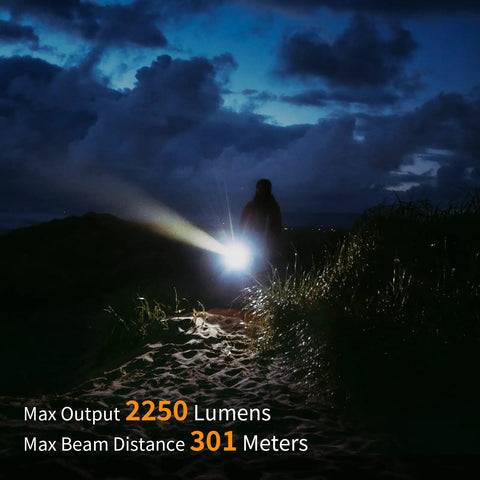 Person using Beastly Rechargeable Flashlight With Ultra Long Throw Of 301 Meters And 2250 Lumens USB C Fast Charging at night