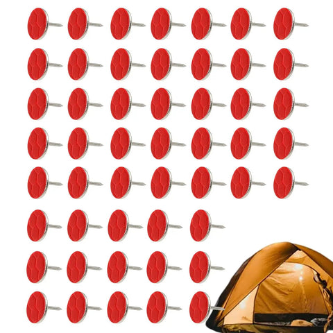 High Visibility Trail Marker Tacks Set 50 Reflective Metal Tacks for night hiking with tent in background portable case