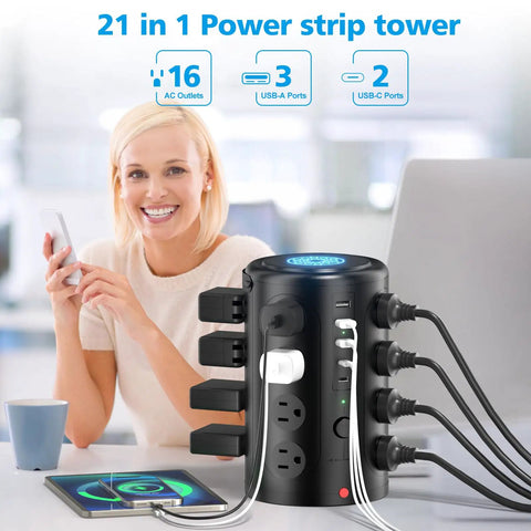 A Dead Simple Heavy Duty 6Ft Power Strip Tower Surge Protector With 16 Broad Spaced Ac Sockets And Five Quick Usb C Charging Ports For Dodging Cable Chaos In Your Home Office Today, featuring 16 AC outlets and 5 USB ports.