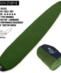 Fabric Sock For Nine Foot Six Longboard With Rounded Nose In Treetop Green Surfboard Cover That Shields Against Scratches Dings And Wax While Keeping Your Board Cooler By Up To 30 Degrees With UPF 50 Plus Protection displayed and rolled