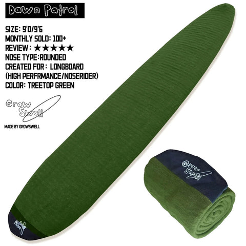 Fabric Sock For Nine Foot Six Longboard With Rounded Nose In Treetop Green Surfboard Cover That Shields Against Scratches Dings And Wax While Keeping Your Board Cooler By Up To 30 Degrees With UPF 50 Plus Protection displayed and rolled