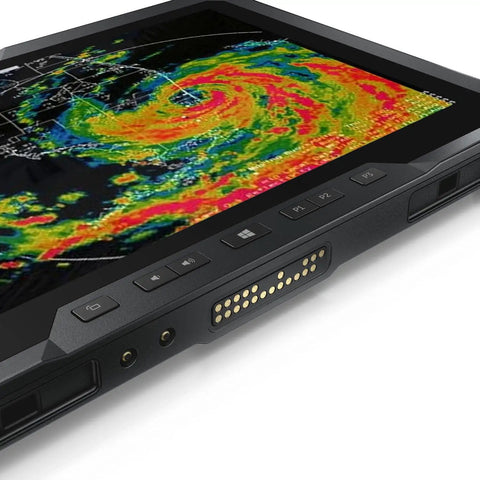 Built Like A Tank 11.6 Inch Rugged Tablet With Touchscreen, showing weather radar display and side ports.