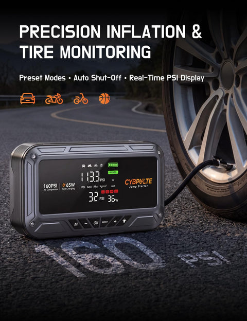 Roadside Lifesaver All In One Jump Starter With Air Compressor And USB C Fast Charge 8000A Peak 160 PSI Tire Inflator