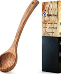 Premium Italian Olive Wood Ladle Kitchen Spoon That Totally Slaps With 12 Inch Long Handle And Deep Bowl Head For Cooking Soup Naturally Handcrafted Non Toxic Serving Tool with packaging on display.