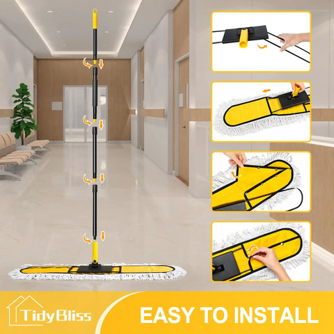 Pro Level Heavy Duty 36 Inch Commercial Dust Mop With Adjustable Telescoping Handle shown in an installation demonstration in a corridor.