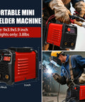 Portable 200A Arc Welder For Home And Workshop, 110V IGBT Inverter with dimensions and welder using the machine