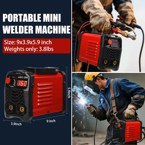 Portable 200A Arc Welder For Home And Workshop, 110V IGBT Inverter with dimensions and welder using the machine